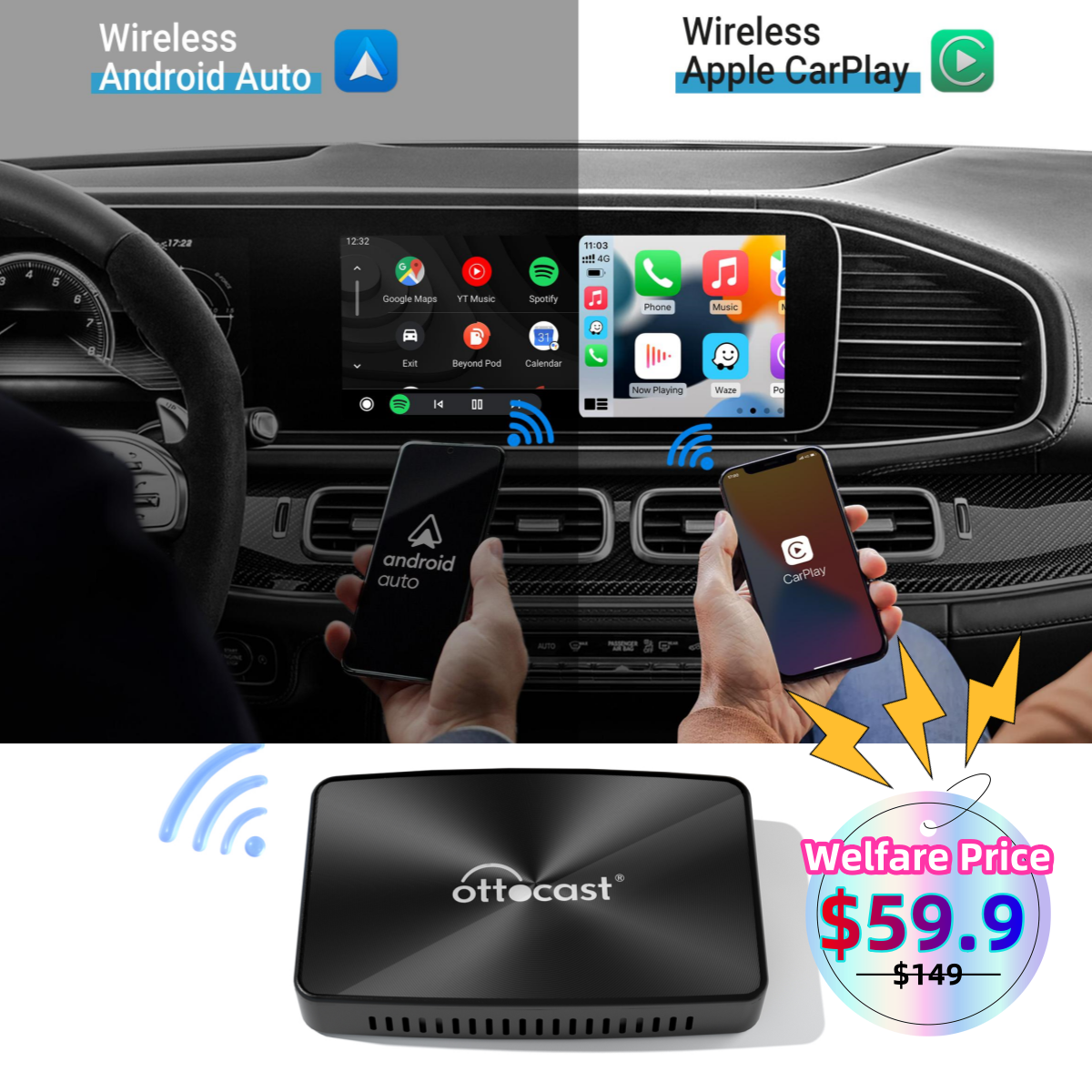 💥Welfare Activities-Lowest Price Only $59.9⏰New U2-X Pro Wireless Android Auto/CarPlay 2 in 1 Adapter